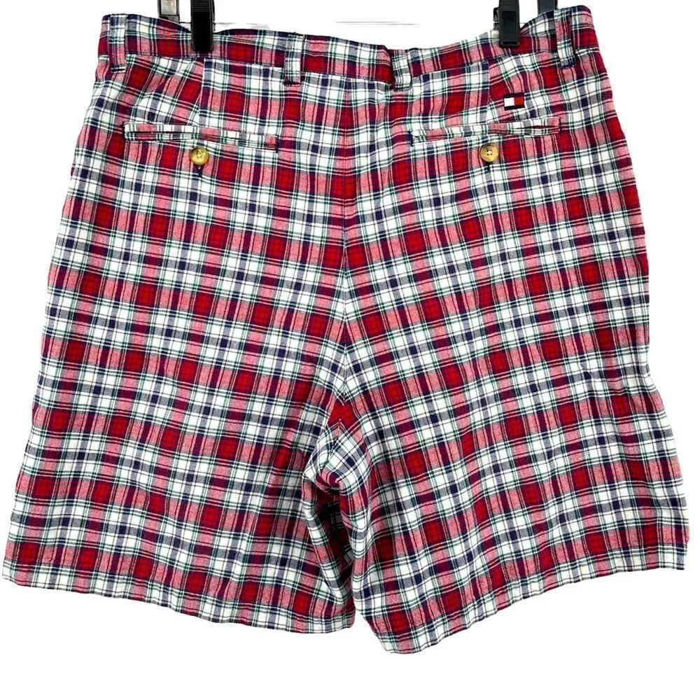 Tommy Hilfiger Men’s Plaid Shorts Size 36 Pleated Red Blue Preppy Golf Summer